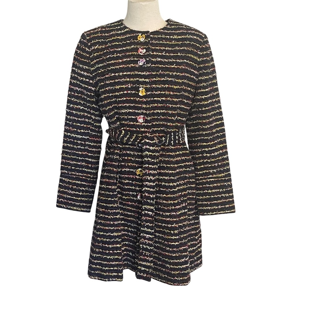 Cabi Tweed Jacket Women's 8 Floral Buttons Belted Multicolor‎ Striped Colorful